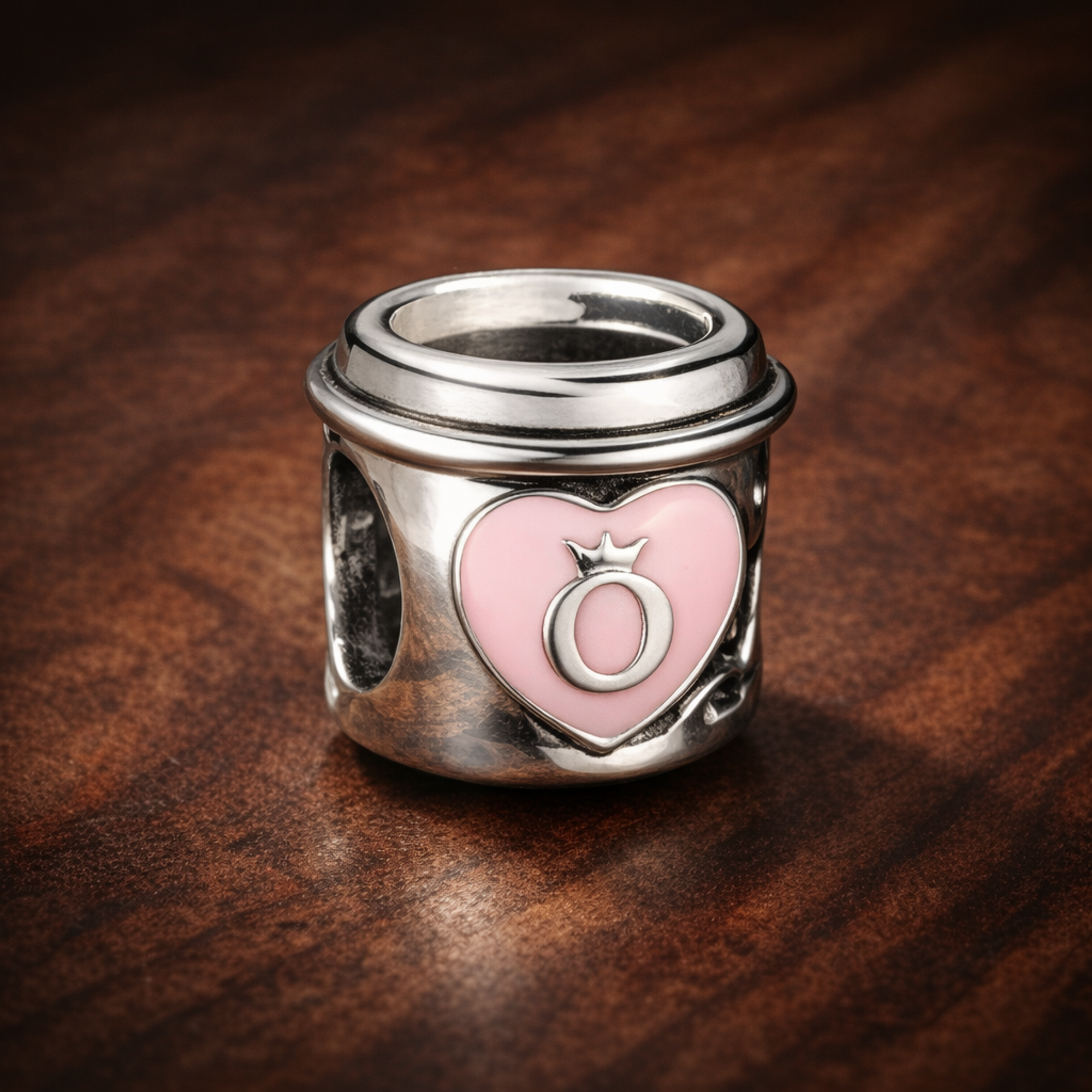 Take a Break Coffee Cup Charm — display on walnut