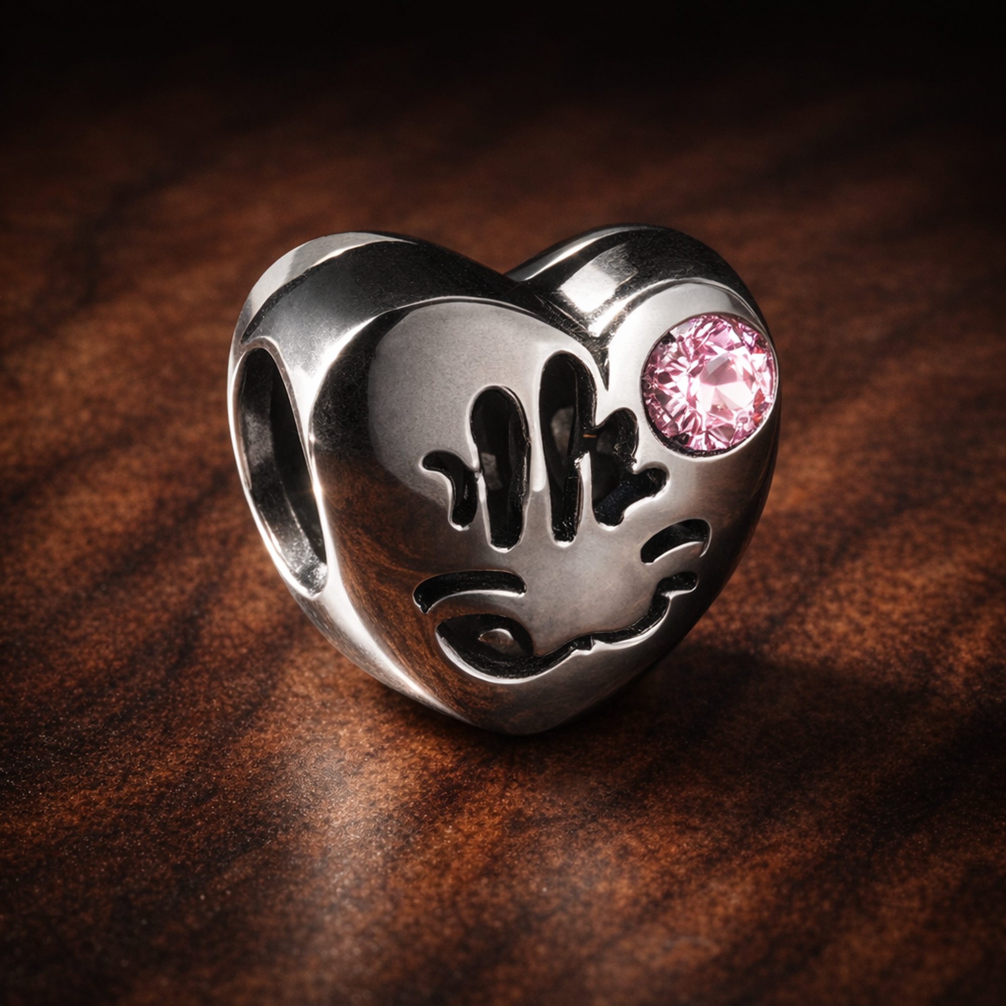 Pink Smile Bead - Pink Smile Bead Charm — display on walnut