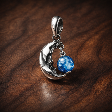 Blue Smile Bead - Blue Smile Bead Charm — display on walnut