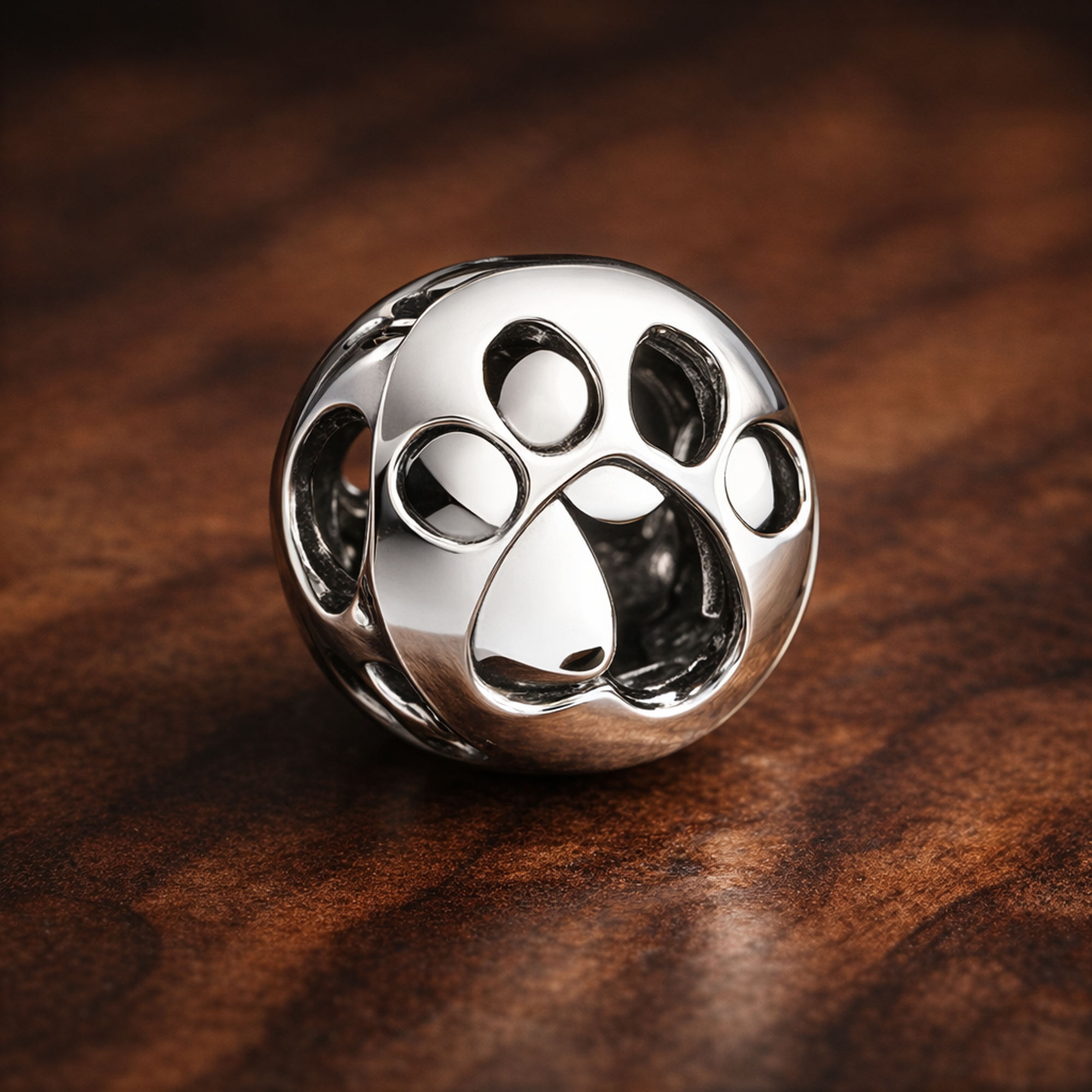 Openwork Paw Print Charm — display on walnut