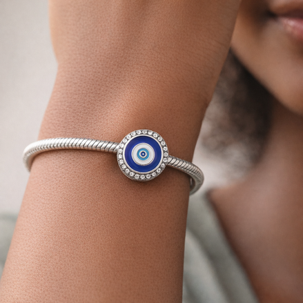 Blue Evil Eye Medallion - Blue Evil Eye Medallion Charm — worn on wrist