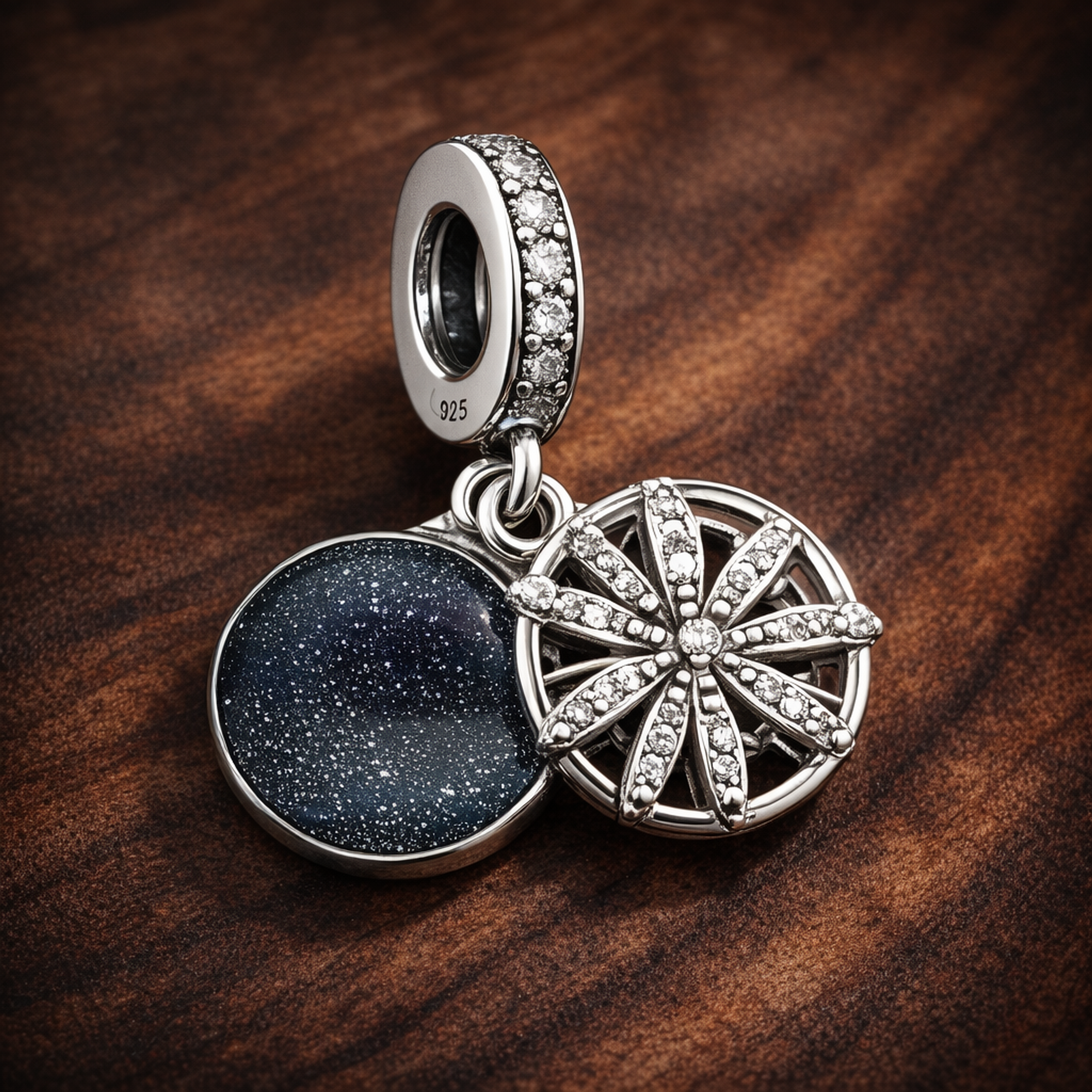 Firework And Blue Shimmer Double - Sterling Silver Firework And Blue Shimmer Double Dangle Charm — display on walnut
