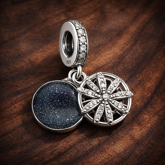 Firework And Blue Shimmer Double - Sterling Silver Firework And Blue Shimmer Double Dangle Charm — display on walnut