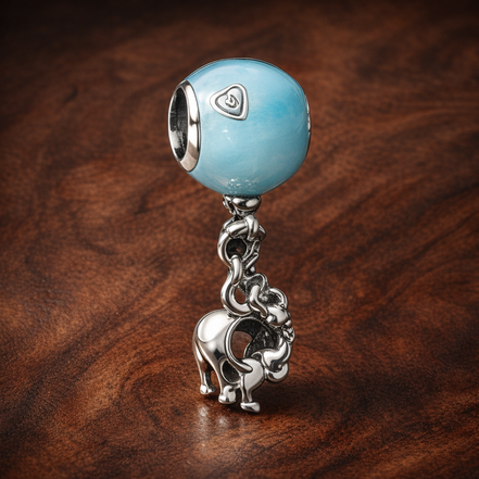 Blue Balloon Elephant Dangle - Blue Balloon Elephant Dangle Charm — display on walnut