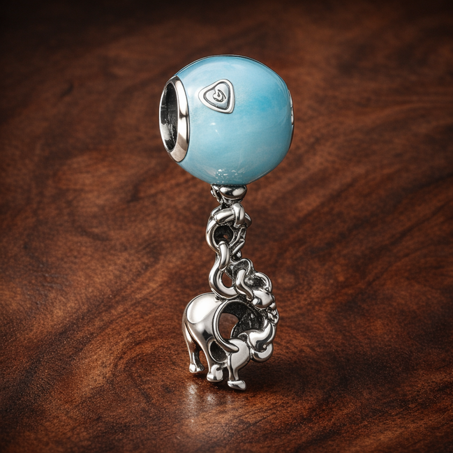 Blue Balloon Elephant Dangle - Blue Balloon Elephant Dangle Charm — display on walnut