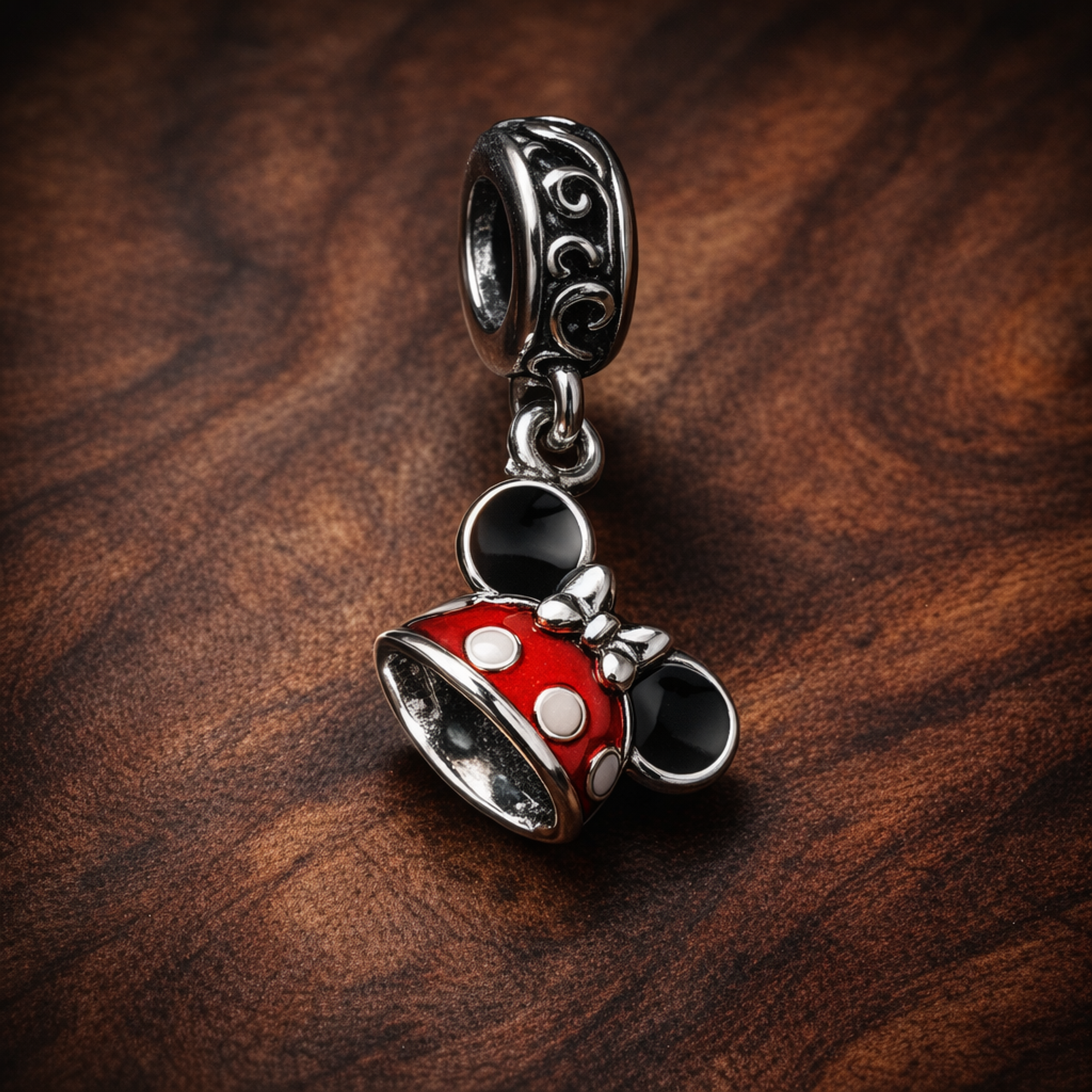 Mickey Shorts Twin Dangle - Mickey Shorts Twin Dangle Charm — display on walnut