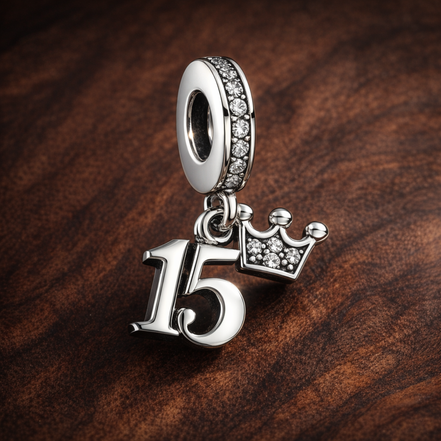 15th Birthday Dangle Charm — display on walnut