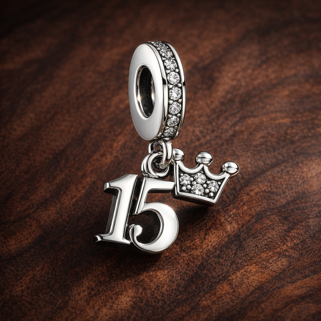 15th Birthday Dangle Charm — display on walnut