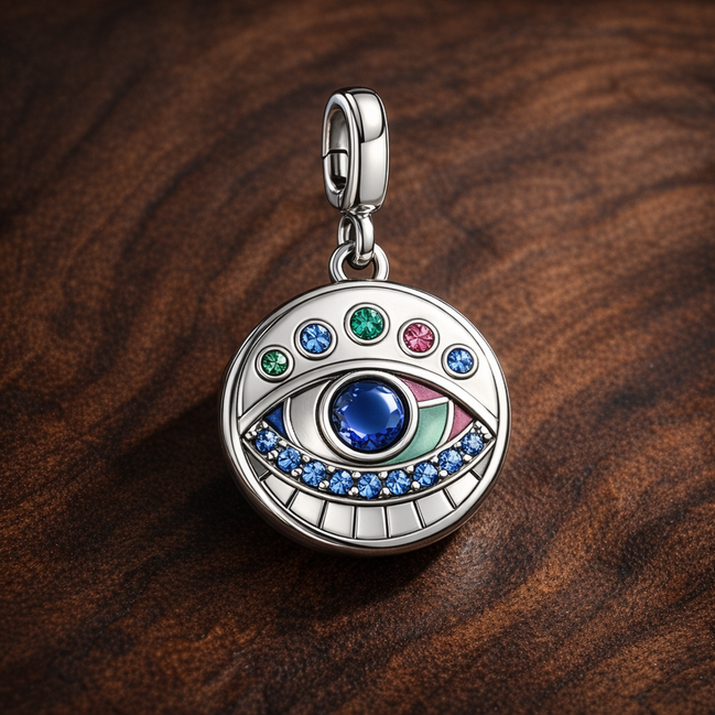 Rainbow Evil Eye Medallion - Rainbow Evil Eye Medallion Charm — display on walnut