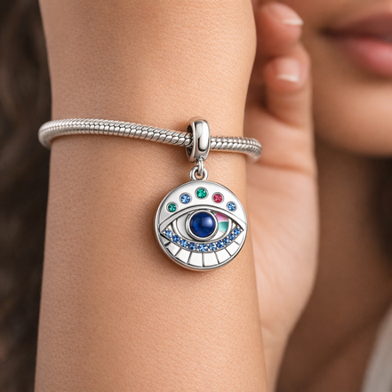 Rainbow Evil Eye Medallion - Rainbow Evil Eye Medallion Charm — worn on wrist