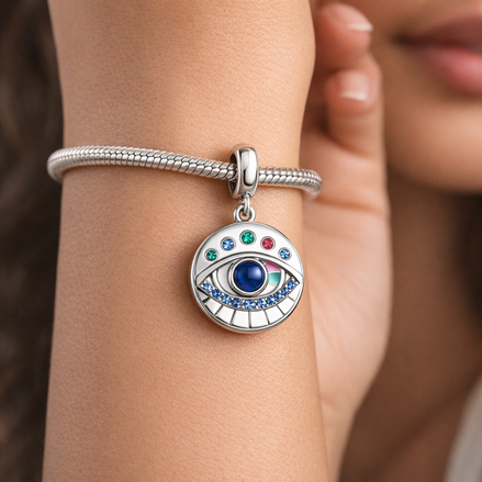 Rainbow Evil Eye Medallion - Rainbow Evil Eye Medallion Charm — worn on wrist