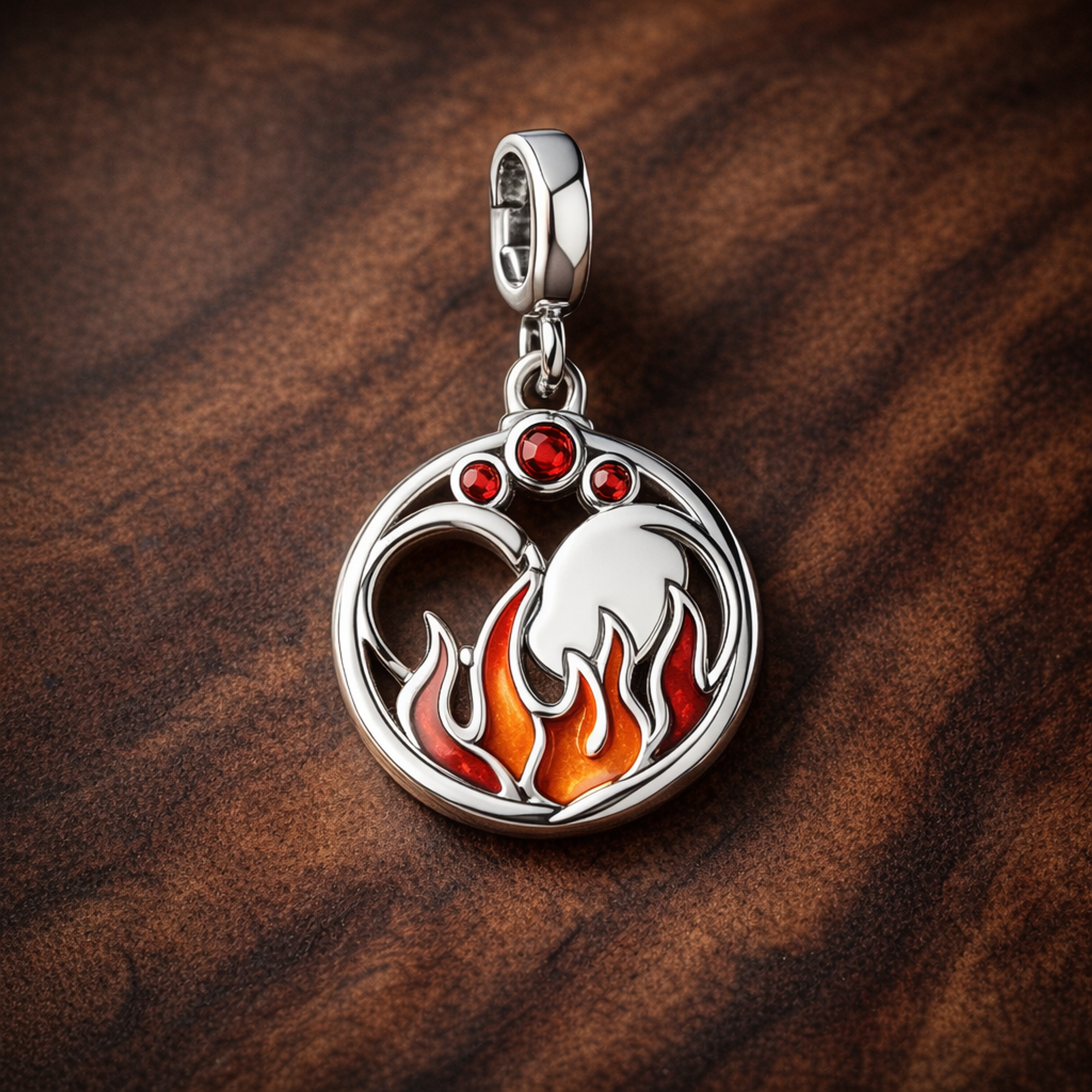 Flame Heart Medallion - Flame Heart Medallion Charm — display on walnut