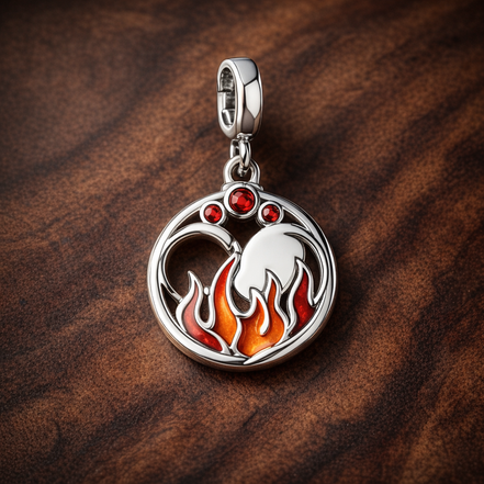 Flame Heart Medallion - Flame Heart Medallion Charm — display on walnut