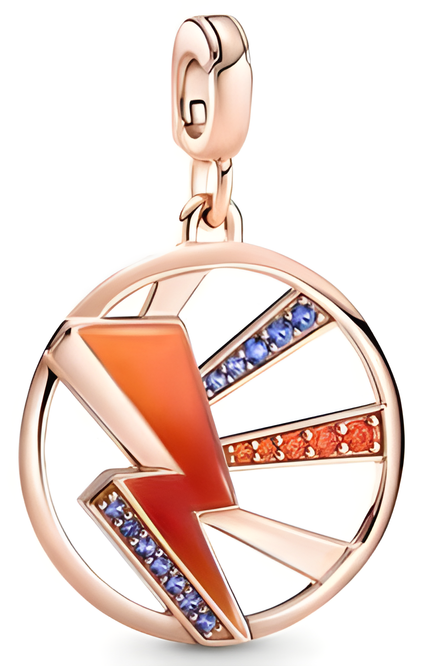 Rose Gold-Plated Lightning Bolt Medallion Dangle Charm with Orange Enamel