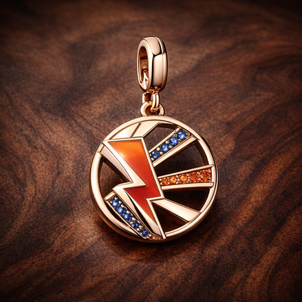 Rose Lightning Medallion - Rose Lightning Medallion Charm — display on walnut