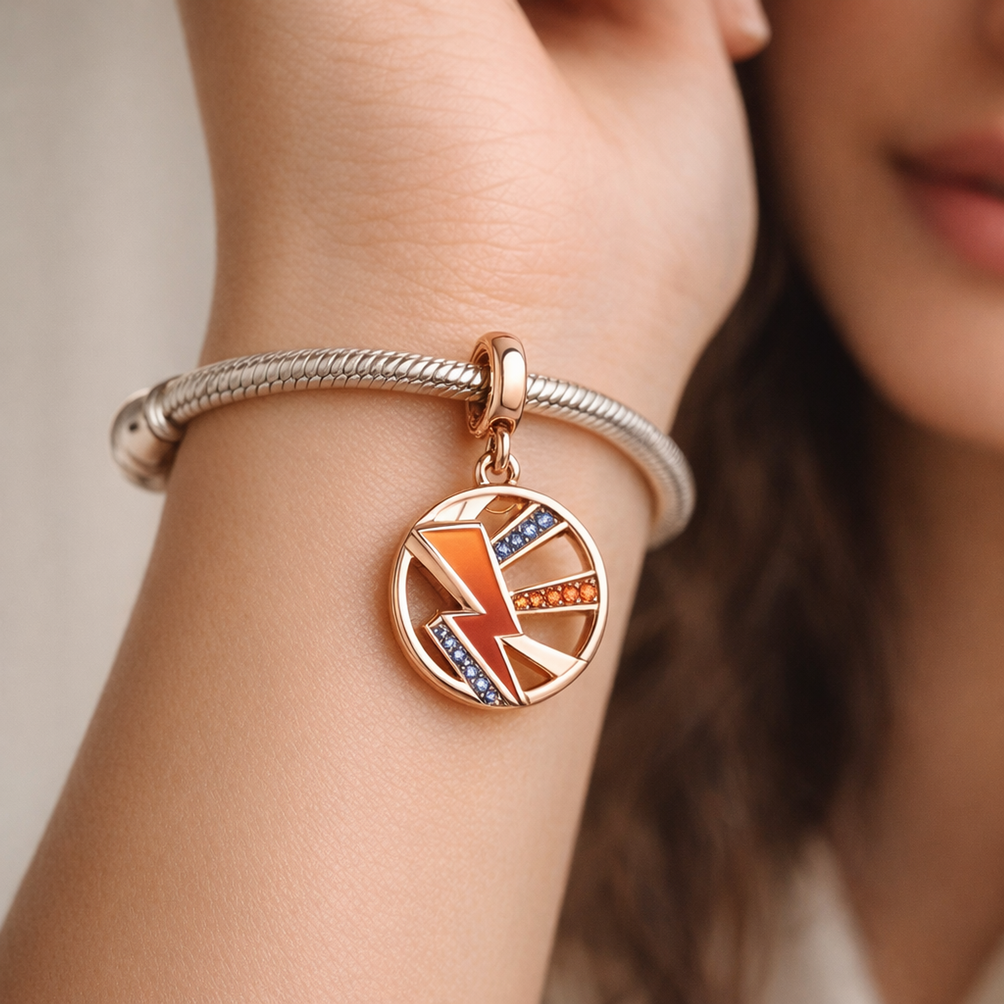 Rose Lightning Medallion - Rose Lightning Medallion Charm — worn on wrist