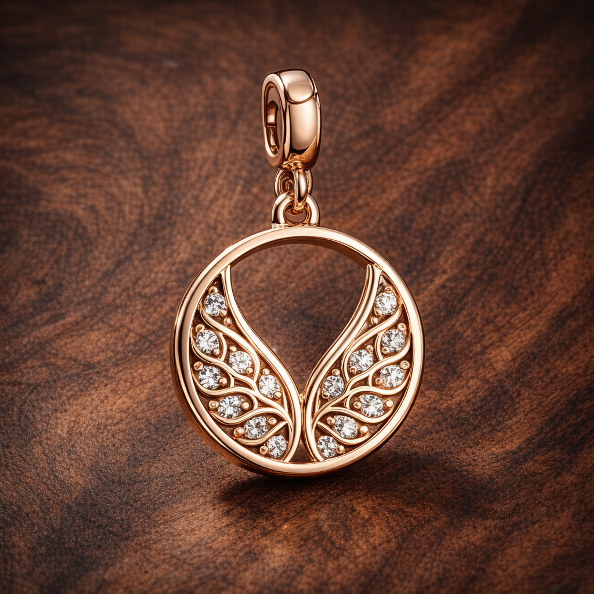 Rose Angel Wings - Rose Angel Wings Dangle Charm — display on walnut