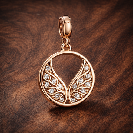 Rose Angel Wings - Rose Angel Wings Dangle Charm — display on walnut