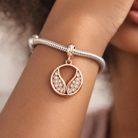 Rose Angel Wings - Rose Angel Wings Dangle Charm — worn on wrist