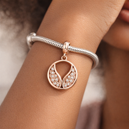 Rose Angel Wings - Rose Angel Wings Dangle Charm — worn on wrist