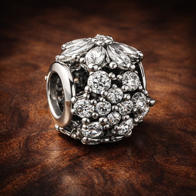 Sparkling Herbarium Cluster Round Charm — display on walnut