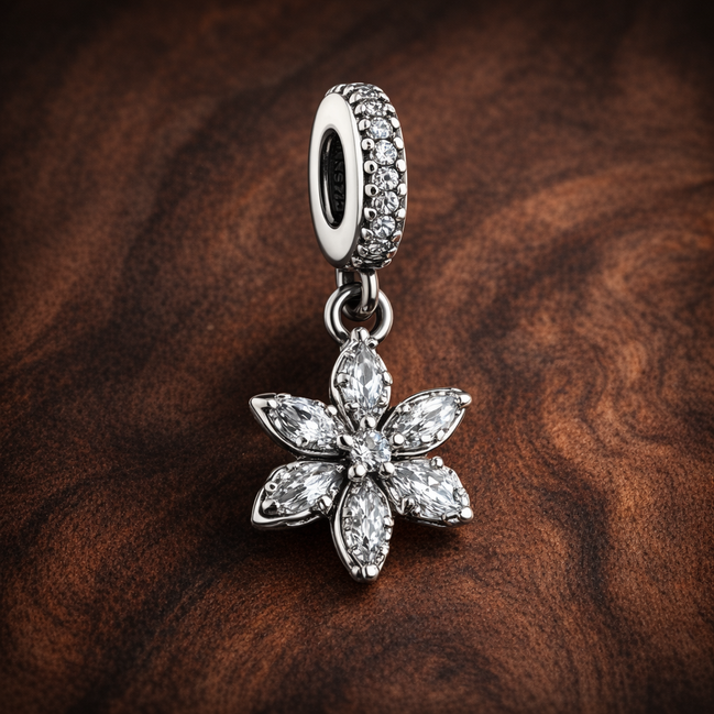 Sparkling Herbarium Cluster Dangle Charm — display on walnut