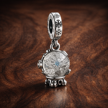 Snowflake Snow Globe Dangle Charm — display on walnut