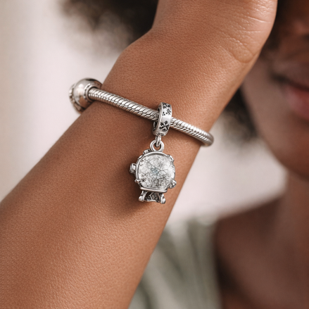 Snowflake Snow Globe Dangle Charm — worn on wrist