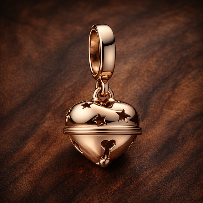 Festive Bell Dangle Charm — display on walnut