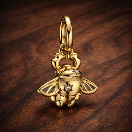Disney Aladdin Scarab Beetle Dangle Charm — display on walnut