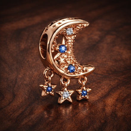 Star & Crescent Moon Charm — display on walnut