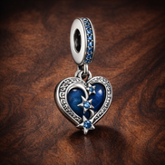 Celestial Shooting Star Heart Double Dangle Charm — display on walnut