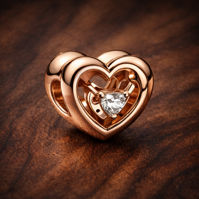 Radiant Heart & Floating Stone Charm — display on walnut