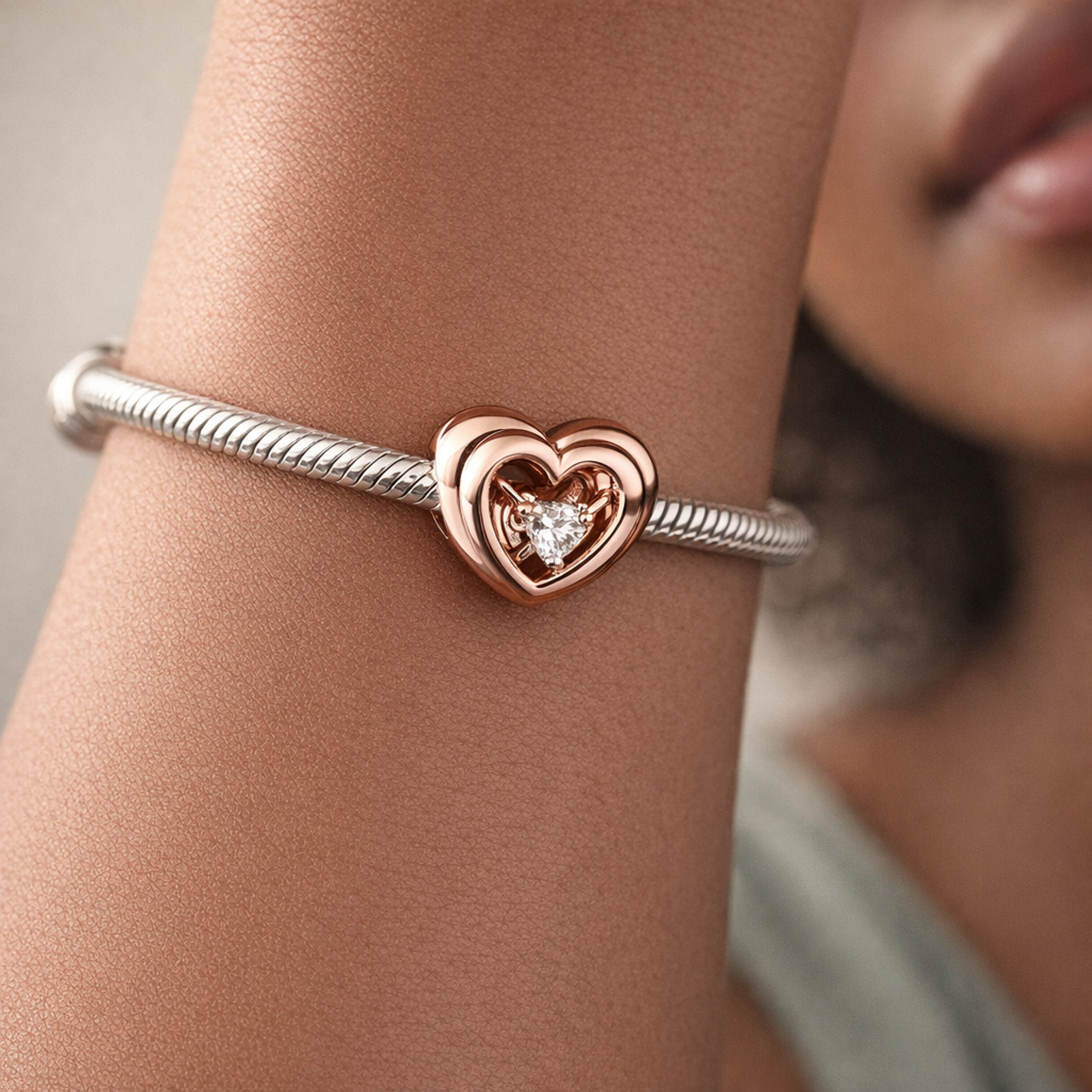 Radiant Heart & Floating Stone Charm — worn on wrist
