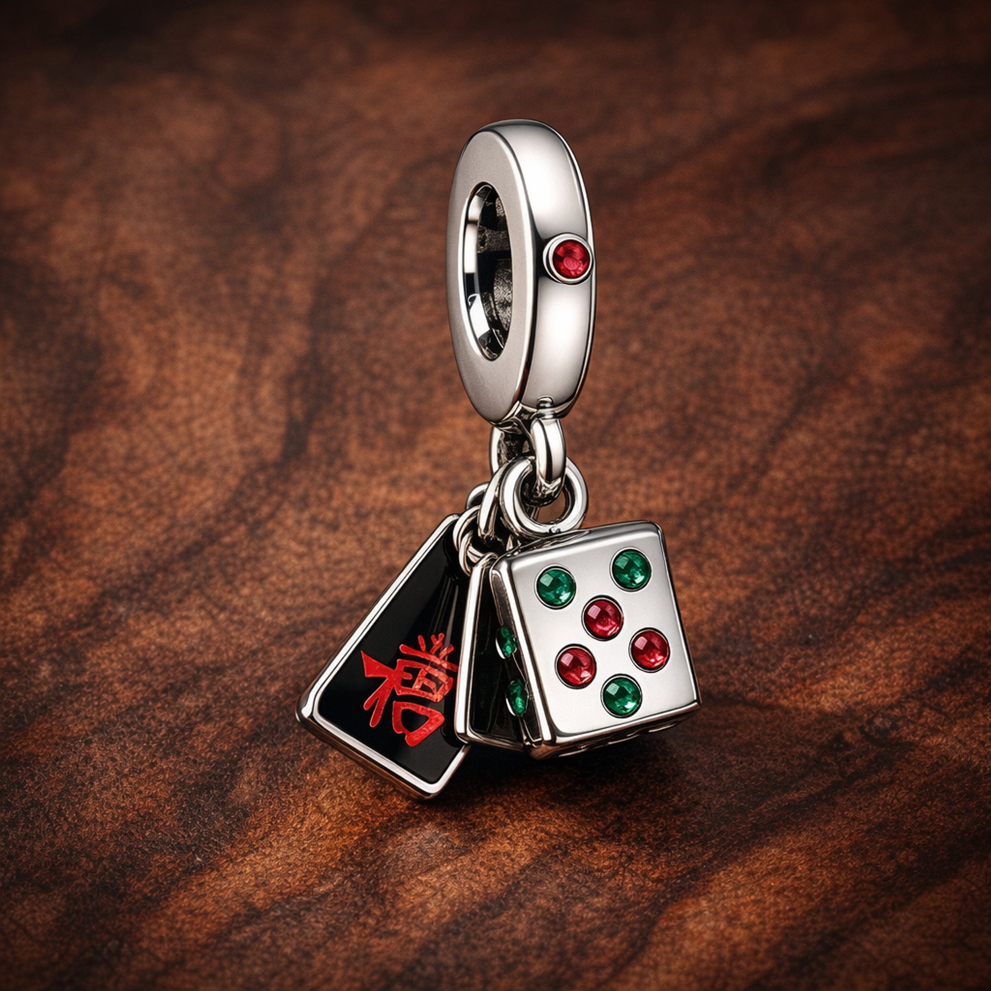 Mahjong Triple Dangle Charm — display on walnut
