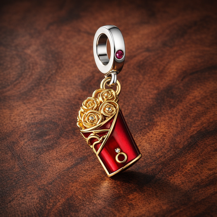 Two-tone Red Envelope Dangle Charm — display on walnut