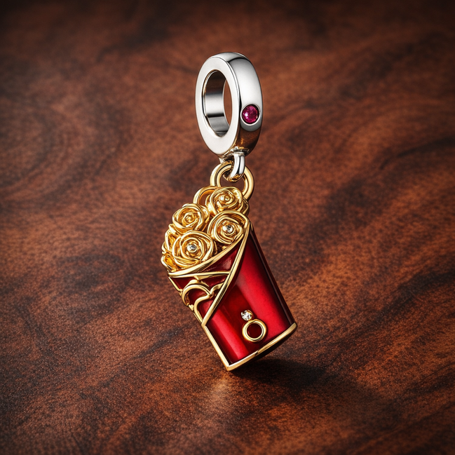Two-tone Red Envelope Dangle Charm — display on walnut