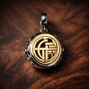 Two-tone Fú Spinning Dangle Charm — display on walnut