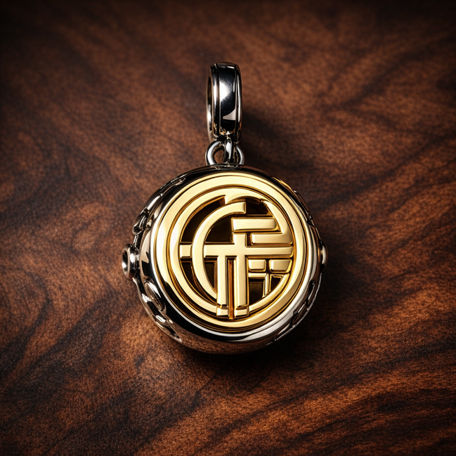 Two-tone Fú Spinning Dangle Charm — display on walnut
