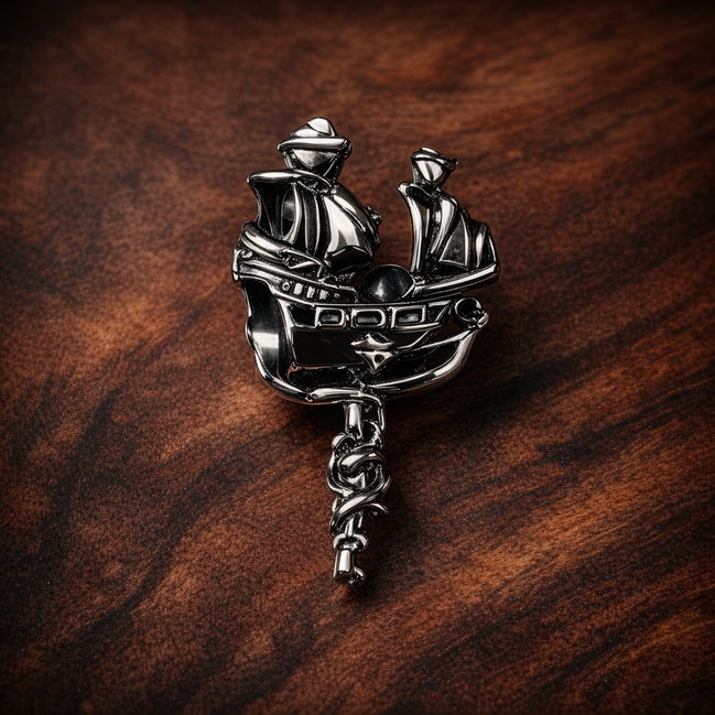 Silver Storybook Ship - Silver Storybook Ship Charm — display on walnut