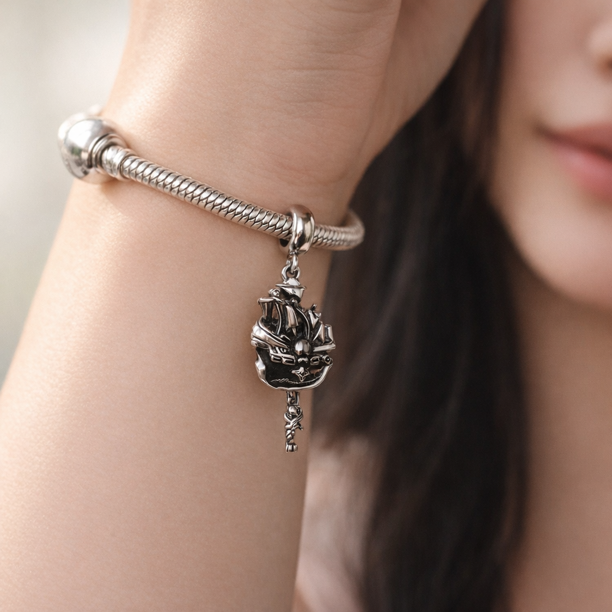 Silver Storybook Ship - Silver Storybook Ship Charm — worn on wrist