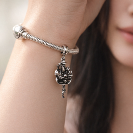 Silver Storybook Ship - Silver Storybook Ship Charm — worn on wrist