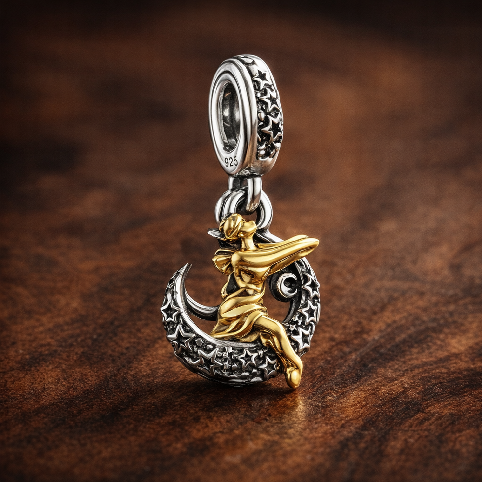 Disney Tinker Bell Celestial Night Dangle Charm — display on walnut