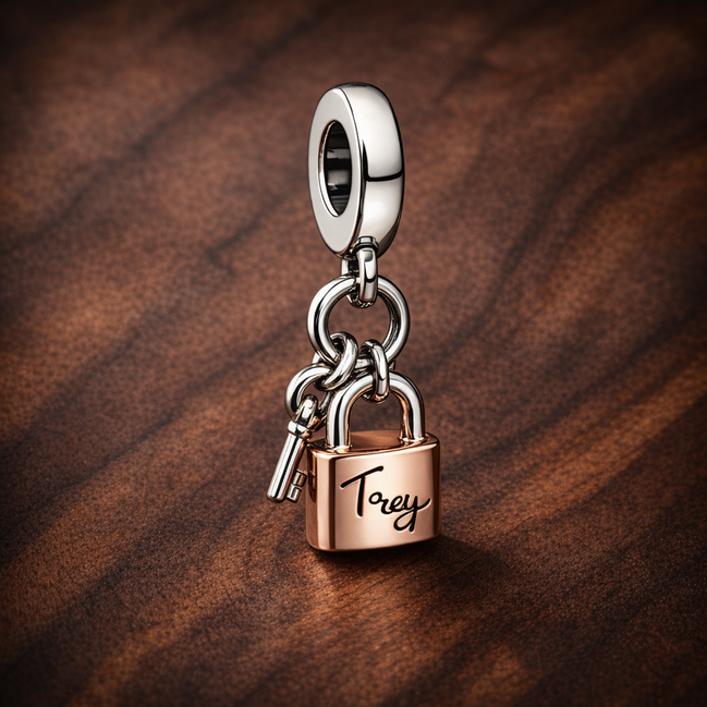 Two-tone Key, Padlock & Heart Triple Dangle Charm — display on walnut