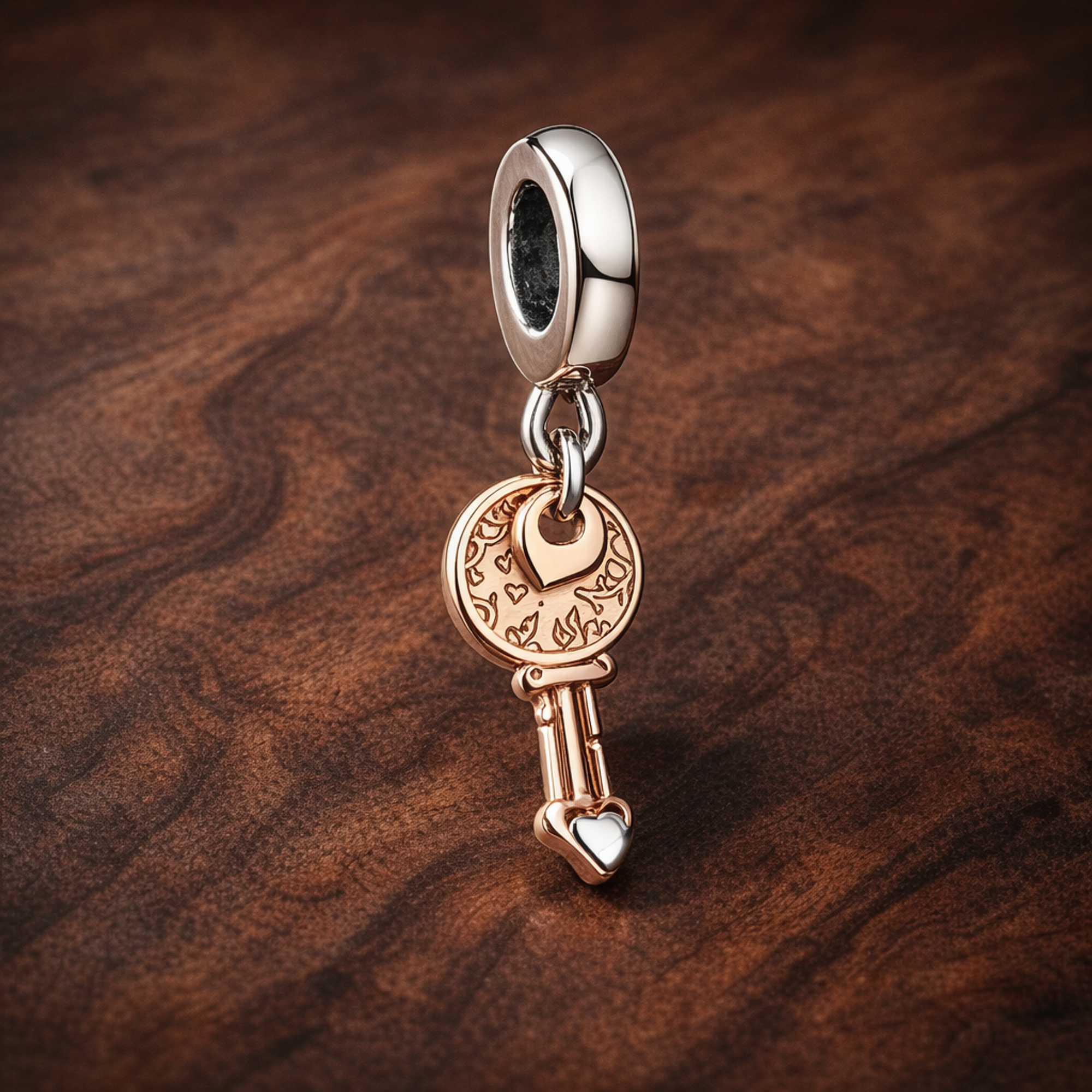 Rose Heart Key Dangle - Rose Heart Key Dangle Charm — display on walnut