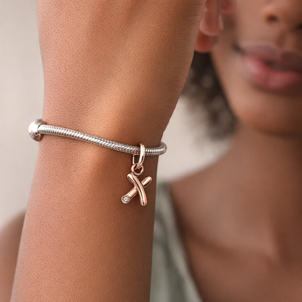 Letter X Script Alphabet Dangle Charm — worn on wrist
