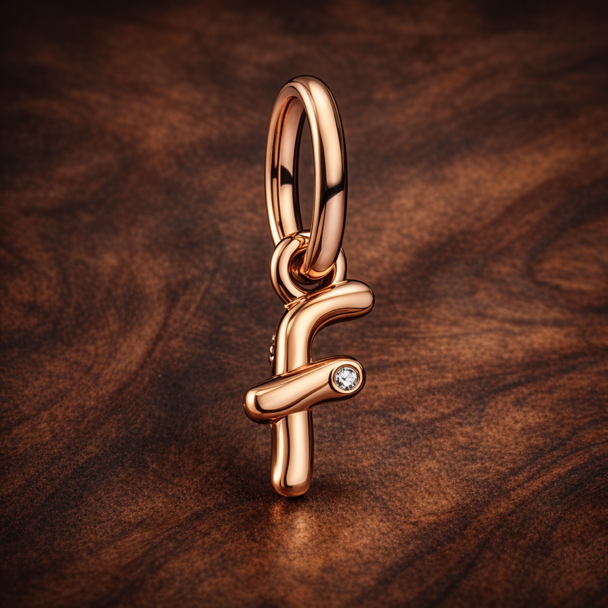 Letter F Script Alphabet Dangle Charm — display on walnut