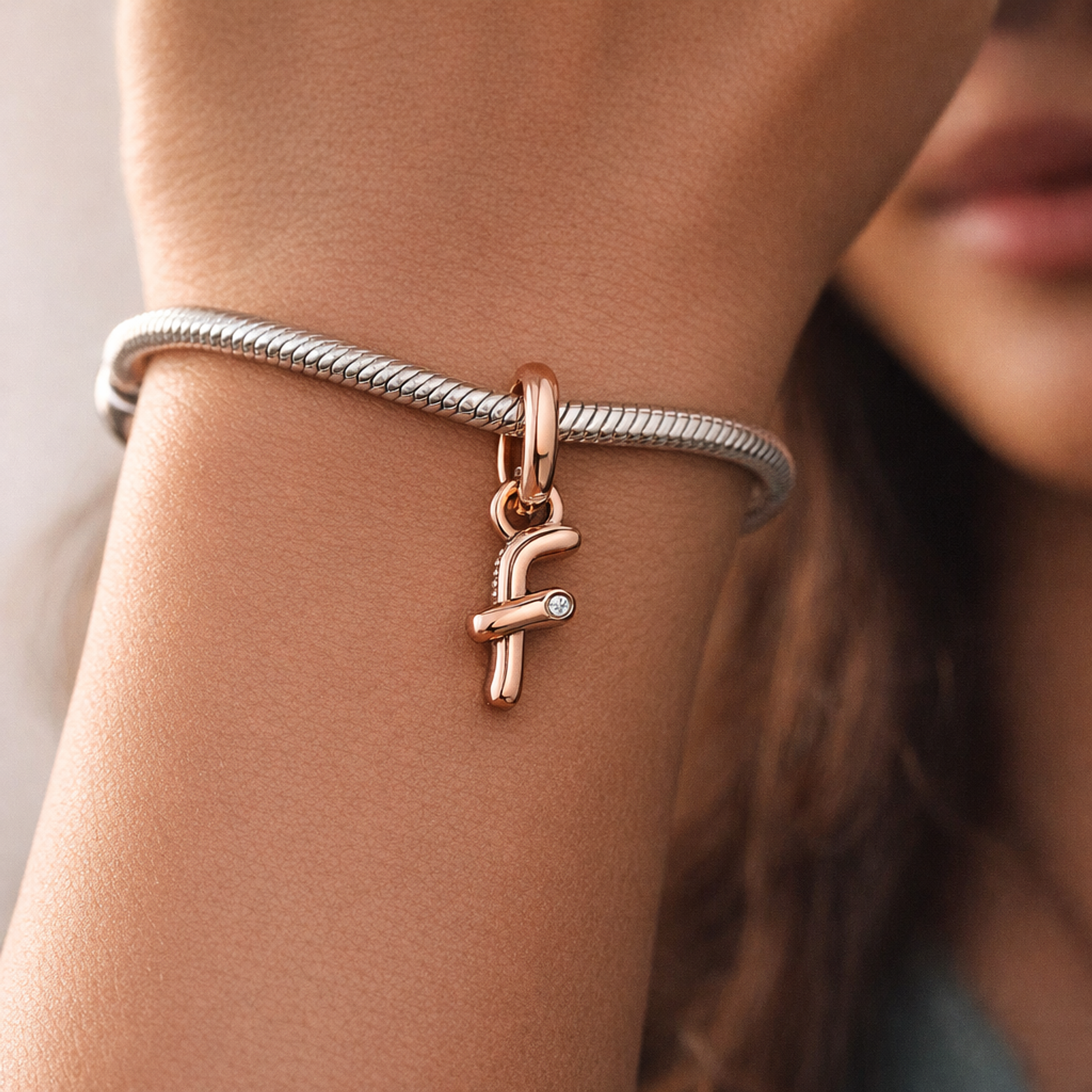 Letter F Script Alphabet Dangle Charm — worn on wrist