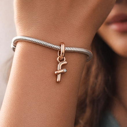Letter F Script Alphabet Dangle Charm — worn on wrist