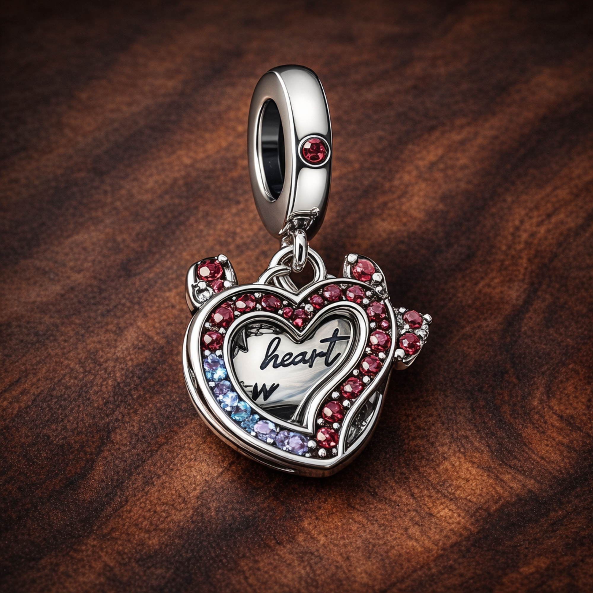Beauty Heart Teapot Dangle - Beauty Heart Teapot Dangle Charm — display on walnut